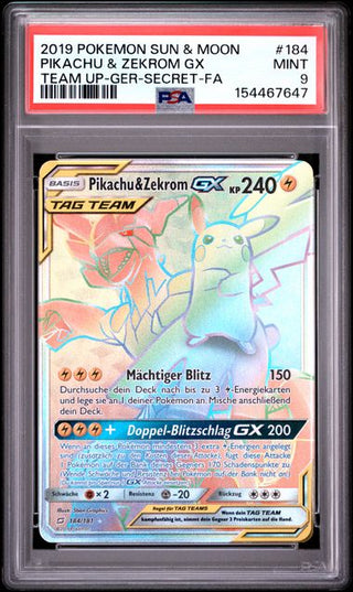 Pikachu & Zekrom GX #184 - Rainbow Rare - Team Up - PSA 9 - Deutsch